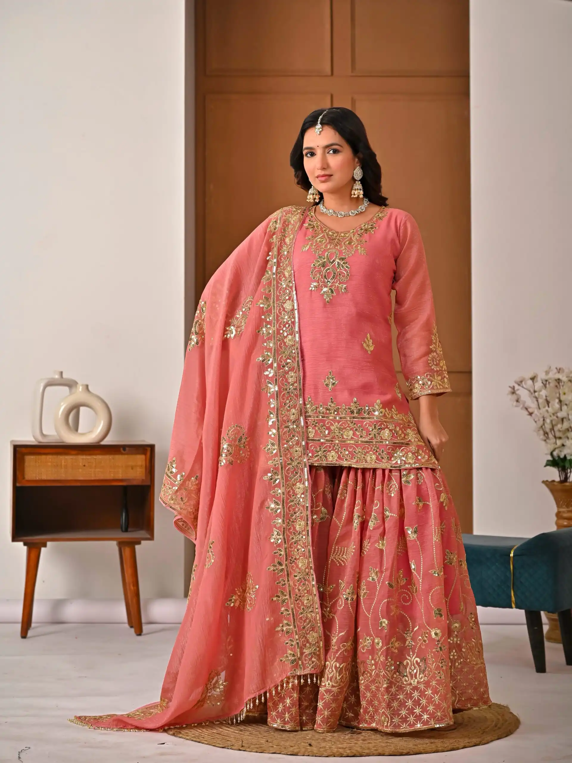 Fancy Peach Crunchy Silk Embroidery Work Salwar Suit - Image 3