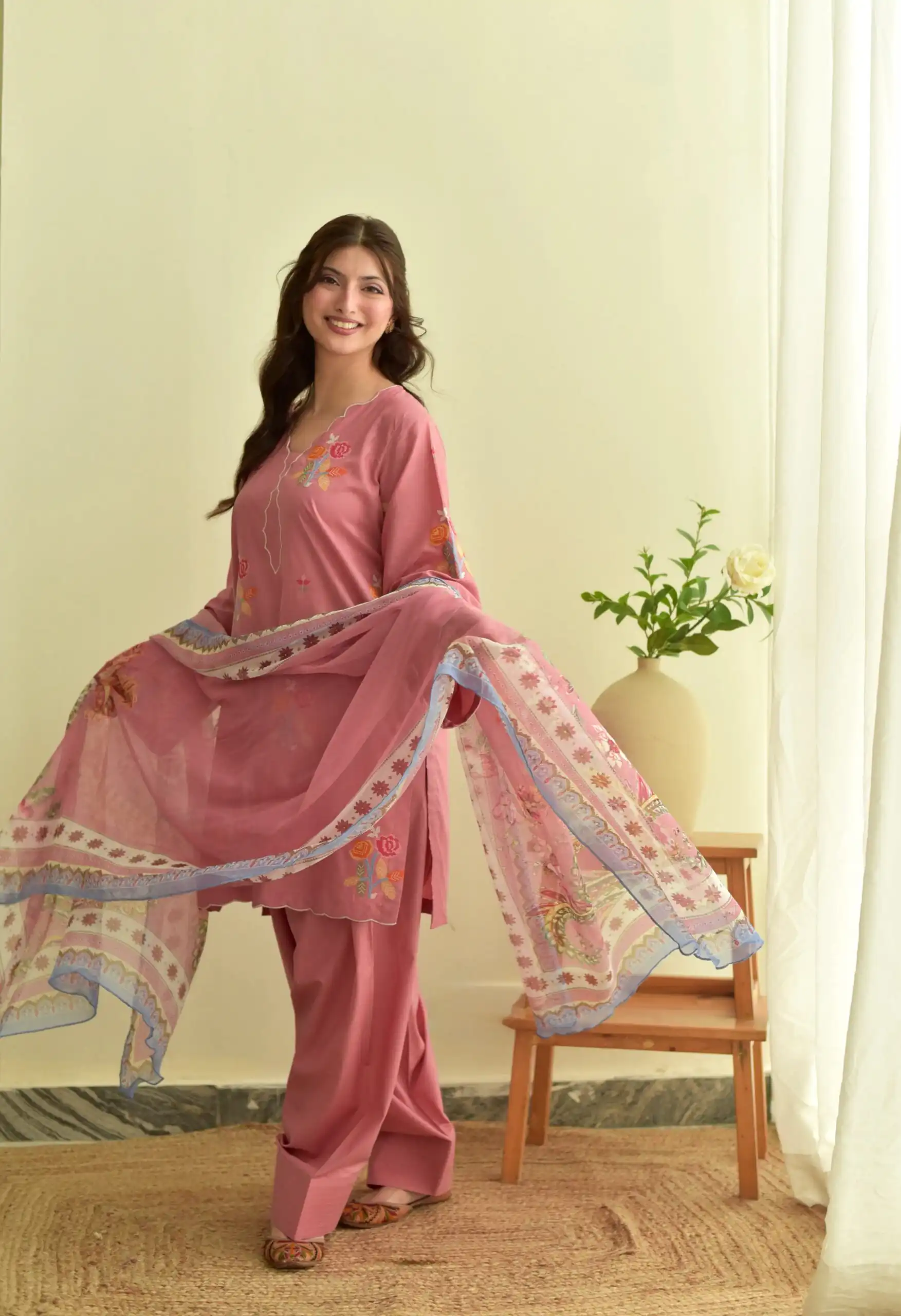 Fancy Peach Mul Chanderi Embroidery Cut Work Salwar Suit - Image 4