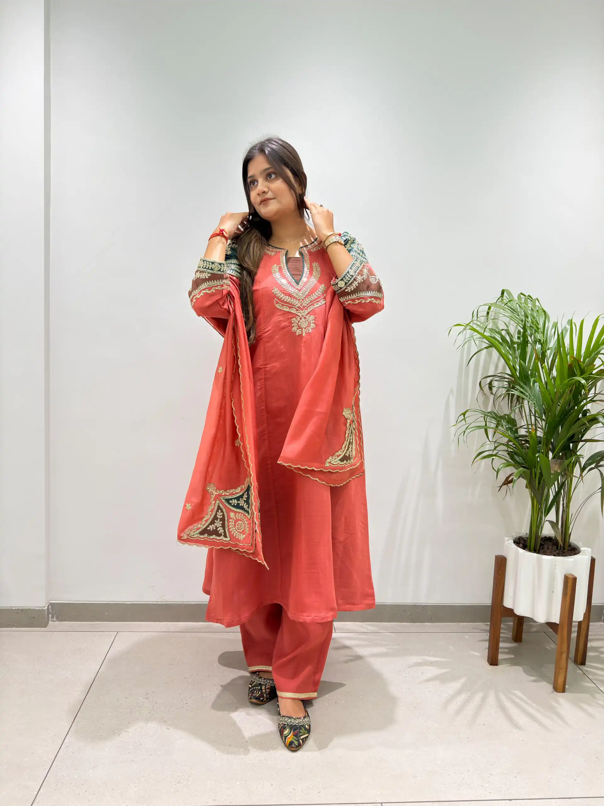 Fancy Peach Mul Chanderi Embroidery Work Salwar Suit