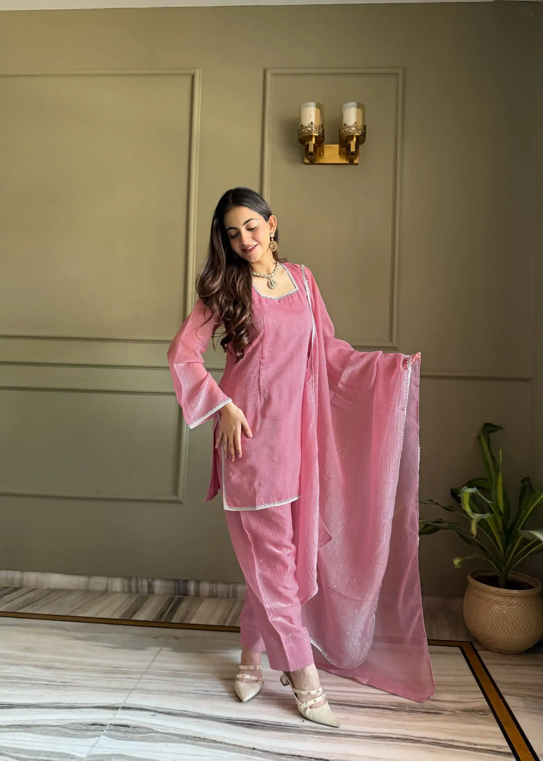 Fancy Pink Crunchy Silk Siroski Work Salwar Suit - Image 3