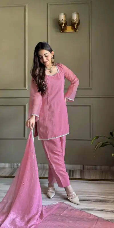 Alternative view of Fancy Pink Crunchy Silk Siroski Work Salwar Suit