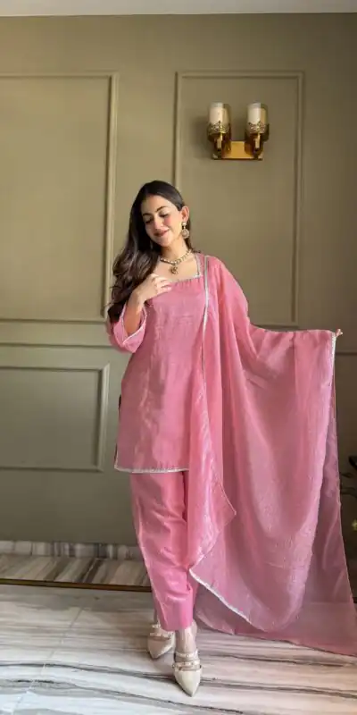 Fancy Pink Crunchy Silk Siroski Work Salwar Suit