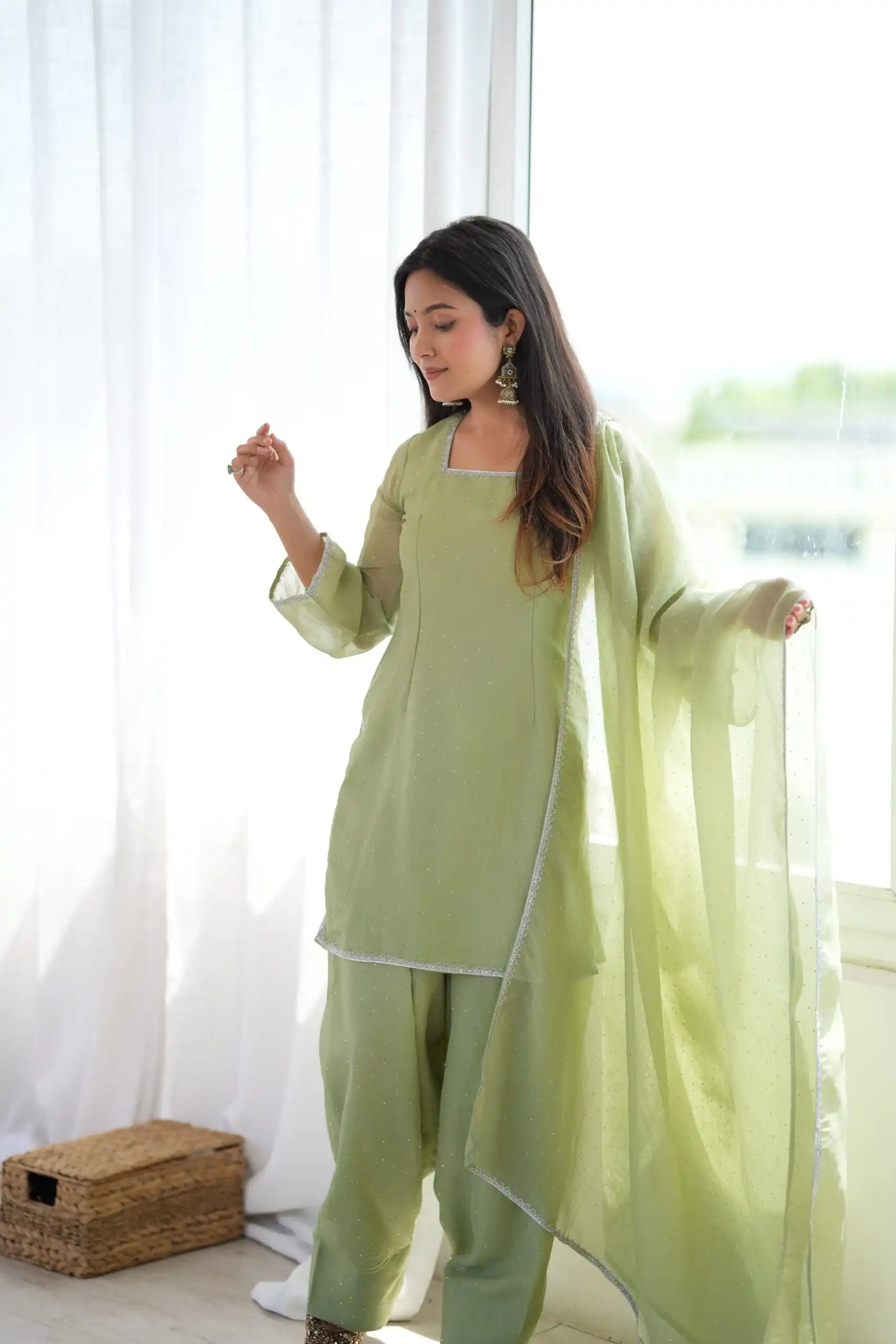 Fancy Pista Crunchy Silk Siroski Work Salwar Suit - Image 7