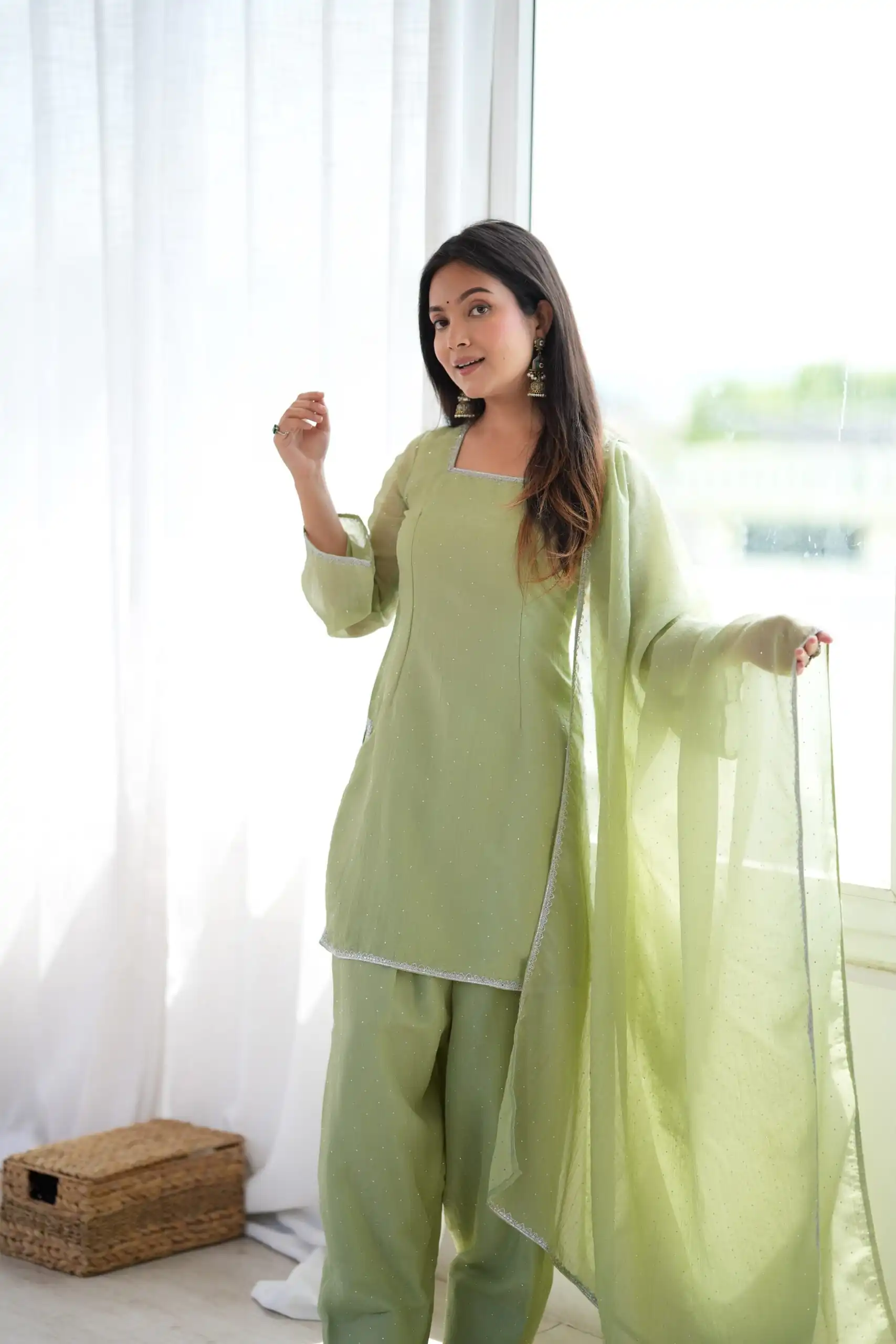 Fancy Pista Crunchy Silk Siroski Work Salwar Suit - Image 6