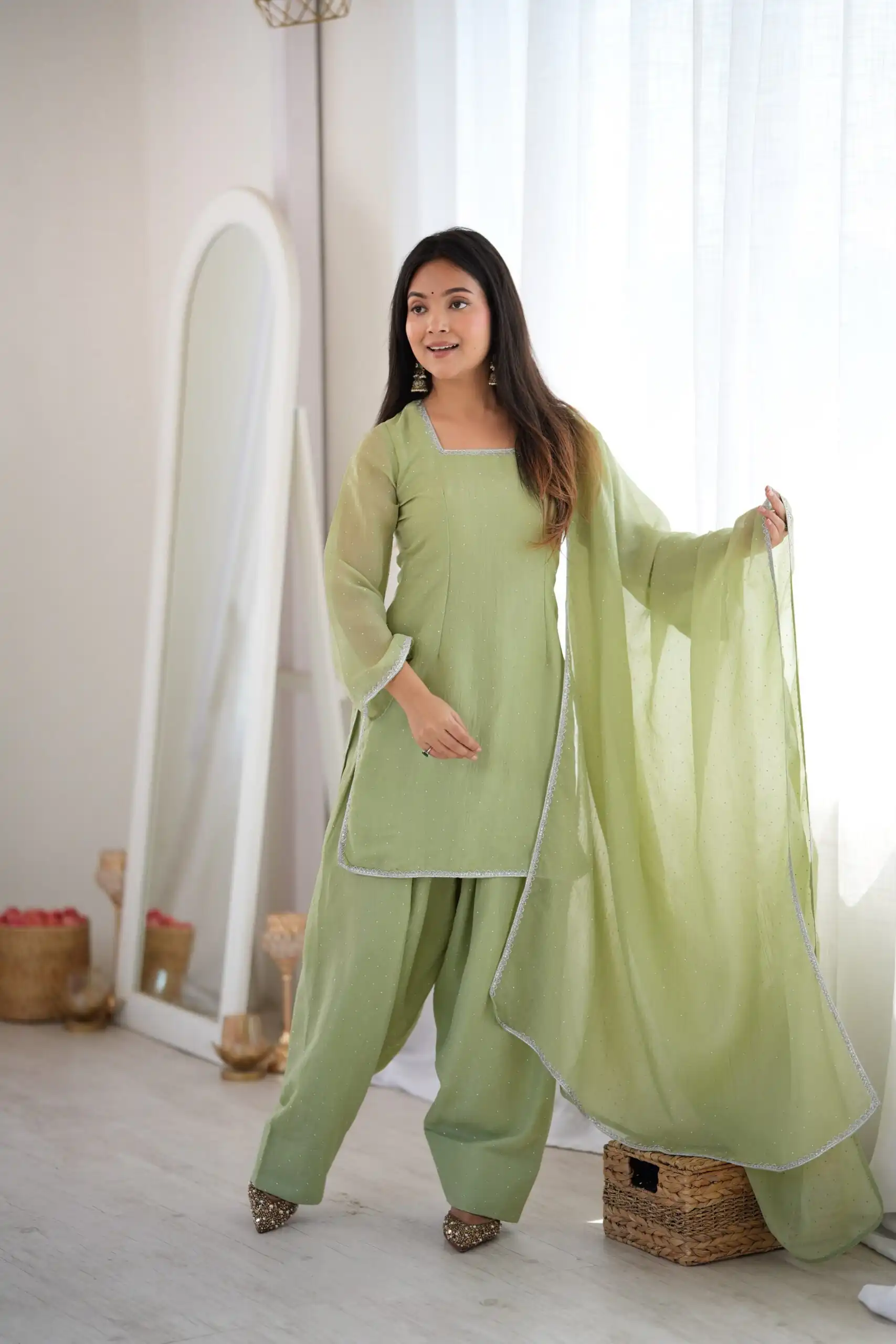 Fancy Pista Crunchy Silk Siroski Work Salwar Suit - Image 3
