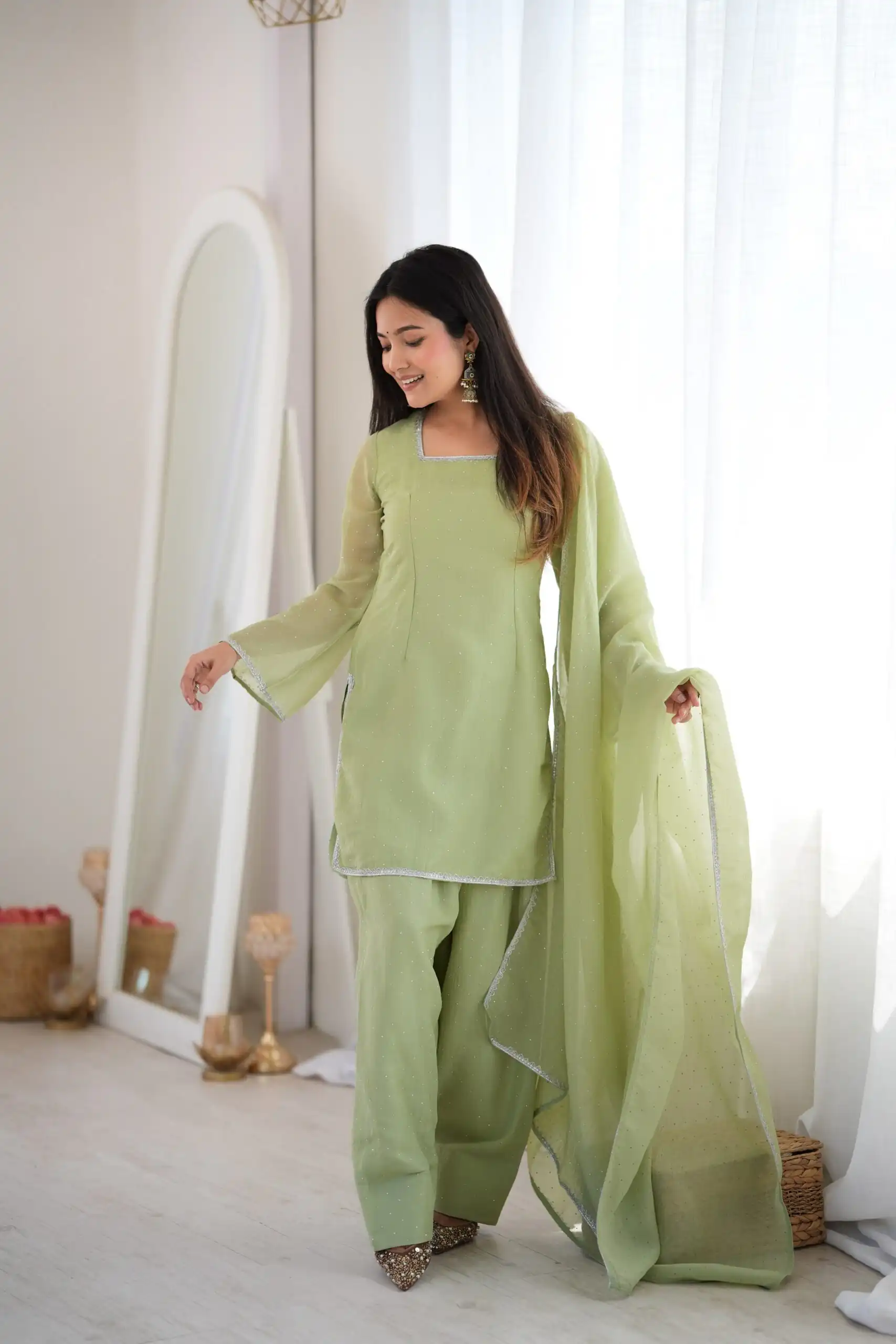 Fancy Pista Crunchy Silk Siroski Work Salwar Suit - Image 2