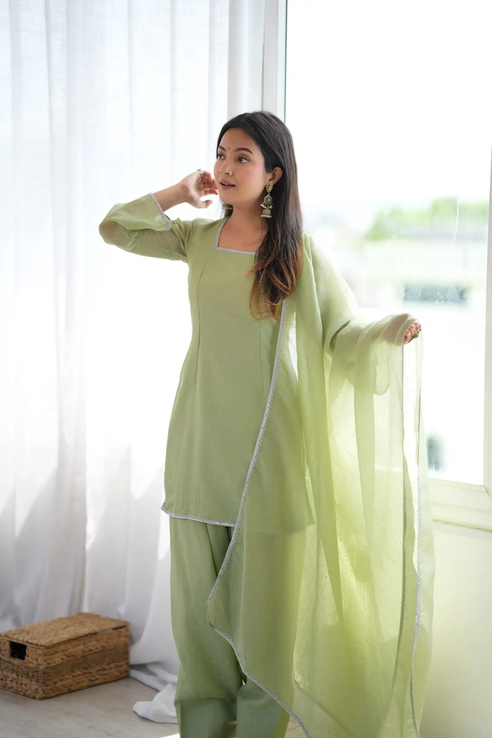 Fancy Pista Crunchy Silk Siroski Work Salwar Suit - Image 9