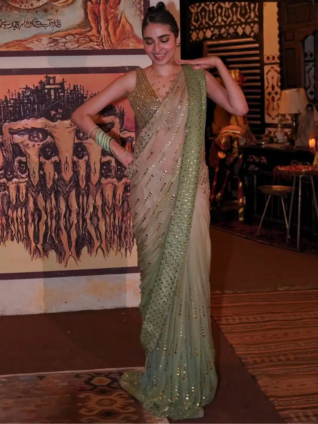 Fancy Pista Faux Georgette Intricate Foil Work Saree - Image 7
