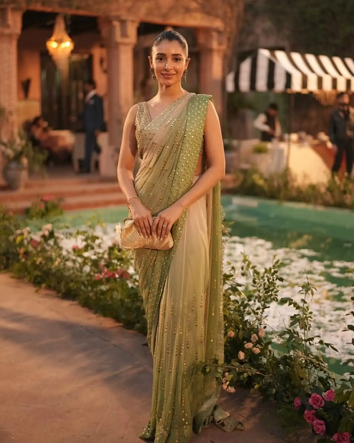 Fancy Pista Faux Georgette Intricate Foil Work Saree - Image 2