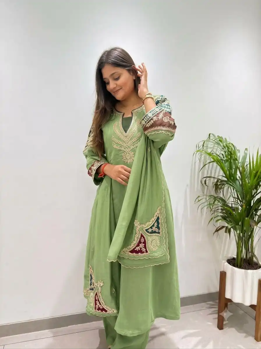 Fancy Pista Mul Chanderi Embroidery Work Salwar Suit - Image 2