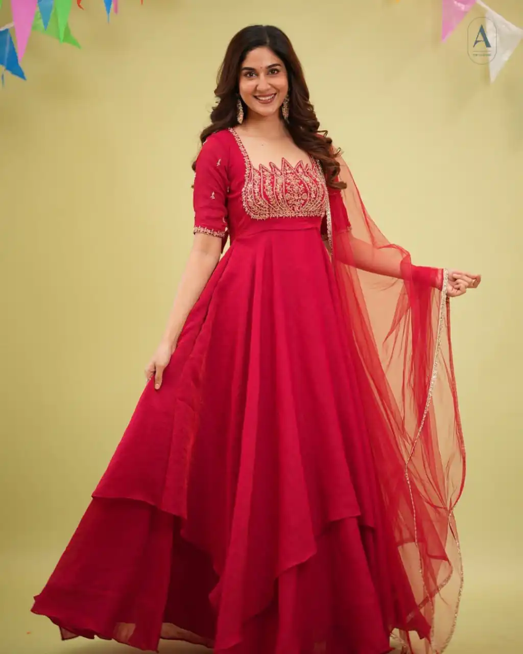 Fancy Red Fendy Crush Beads Work Gown