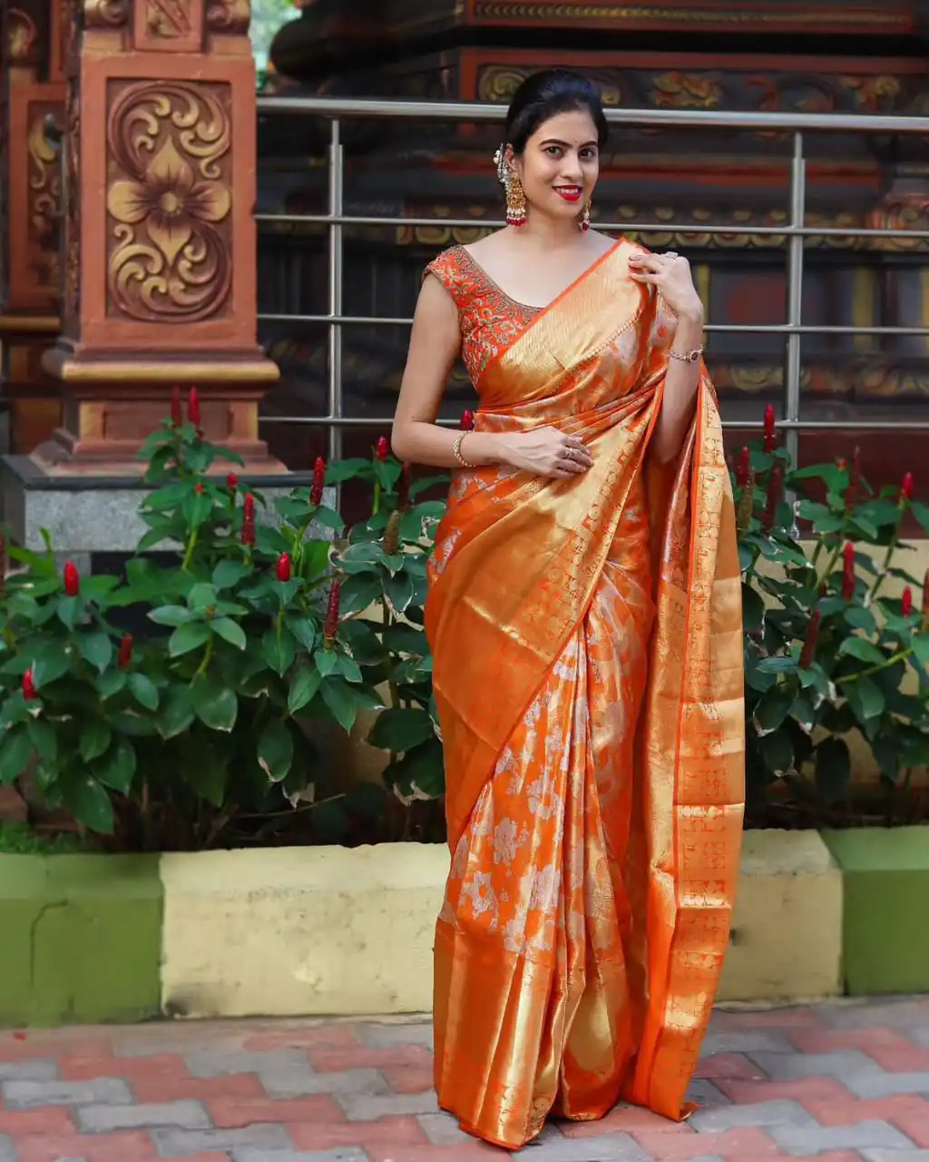 Fancy Rust Soft Lichi Silk With Jacquard Saree - Image 2
