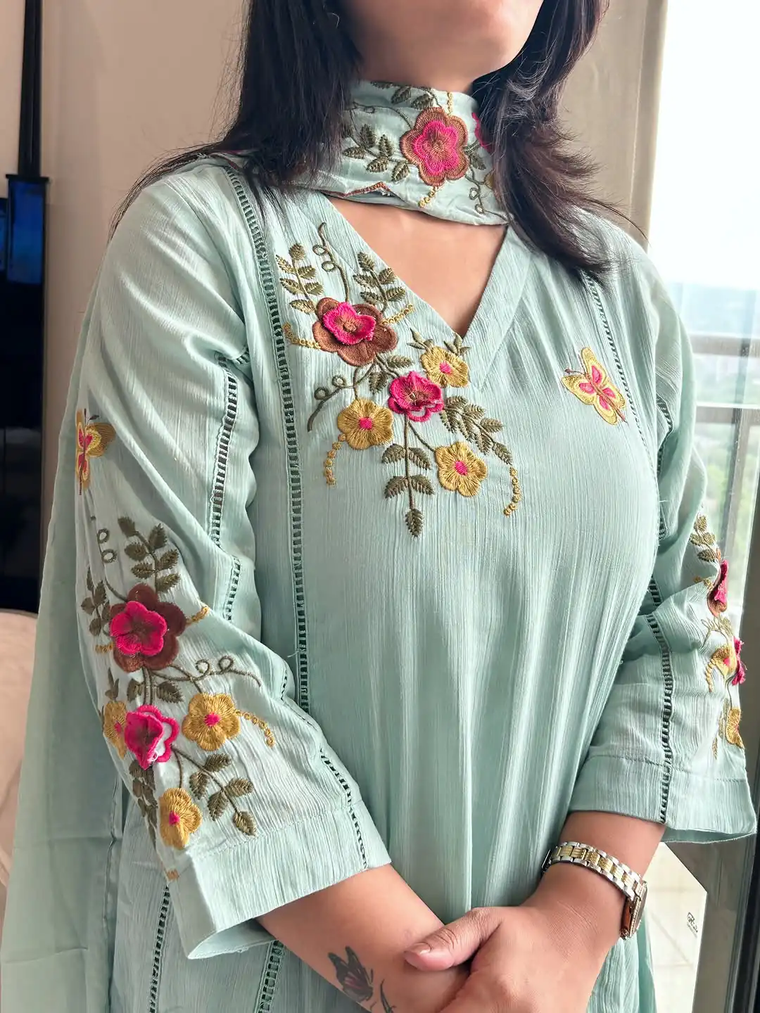 Fancy Sea Green Air Tex Chinon Embroidery Work Salwar Suit - Image 2