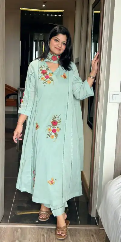 Fancy Sea Green Air Tex Chinon Embroidery Work Salwar Suit