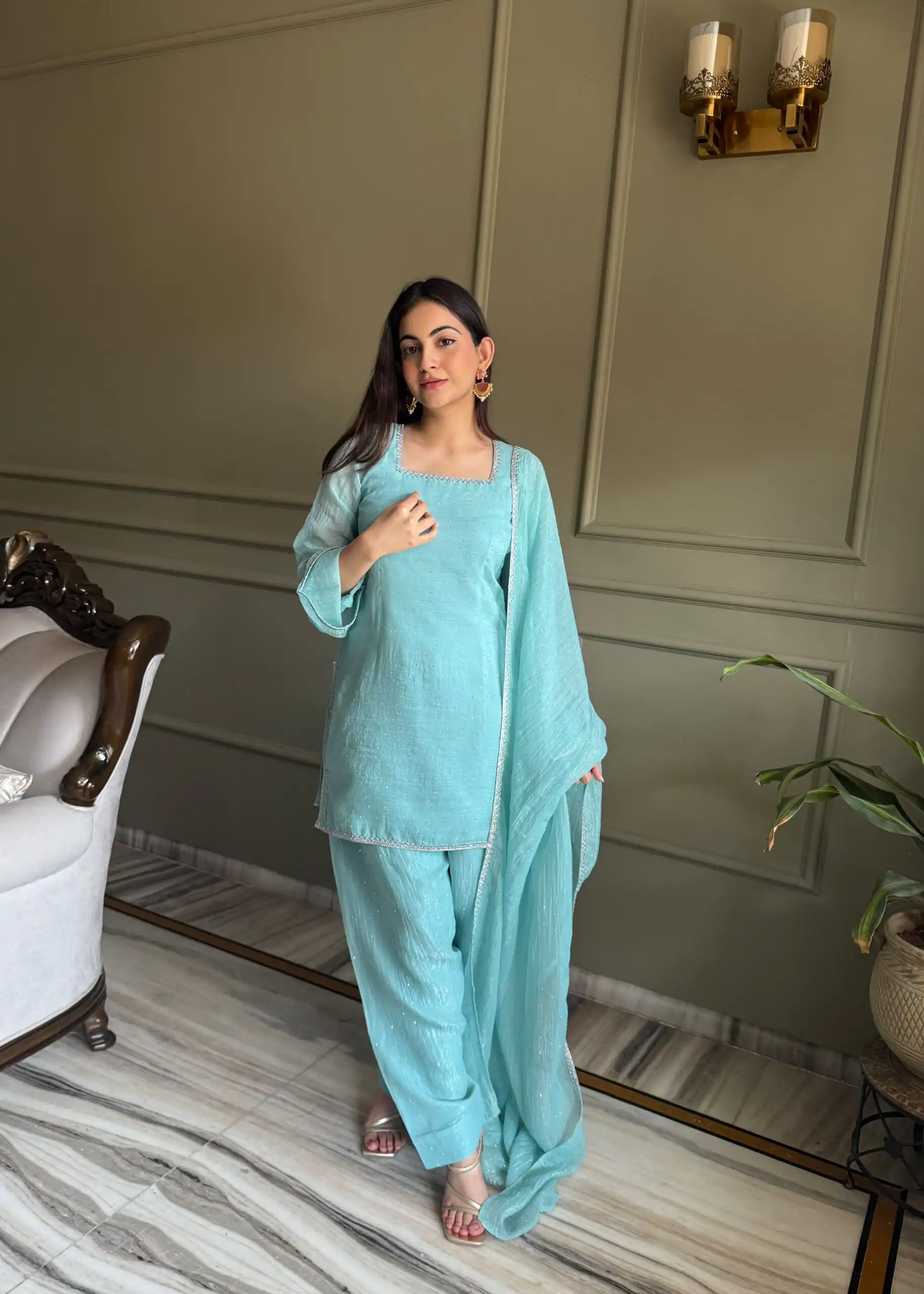 Fancy Sky Blue Crunchy Silk Siroski Work Salwar Suit - Image 6