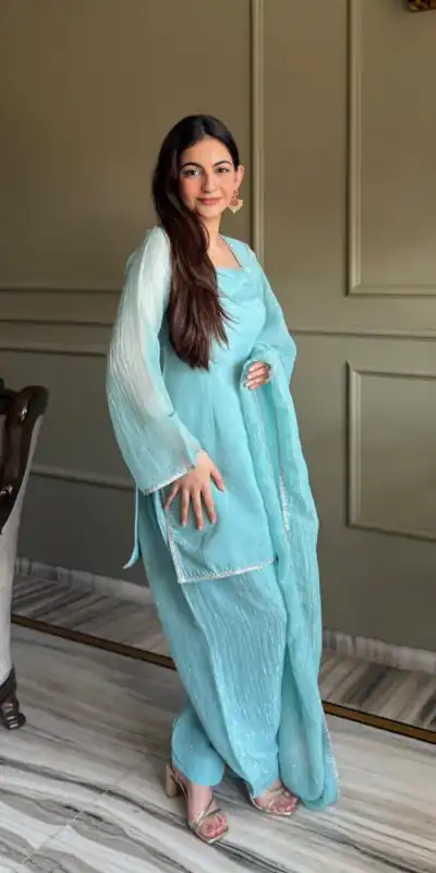 Fancy Sky Blue Crunchy Silk Siroski Work Salwar Suit