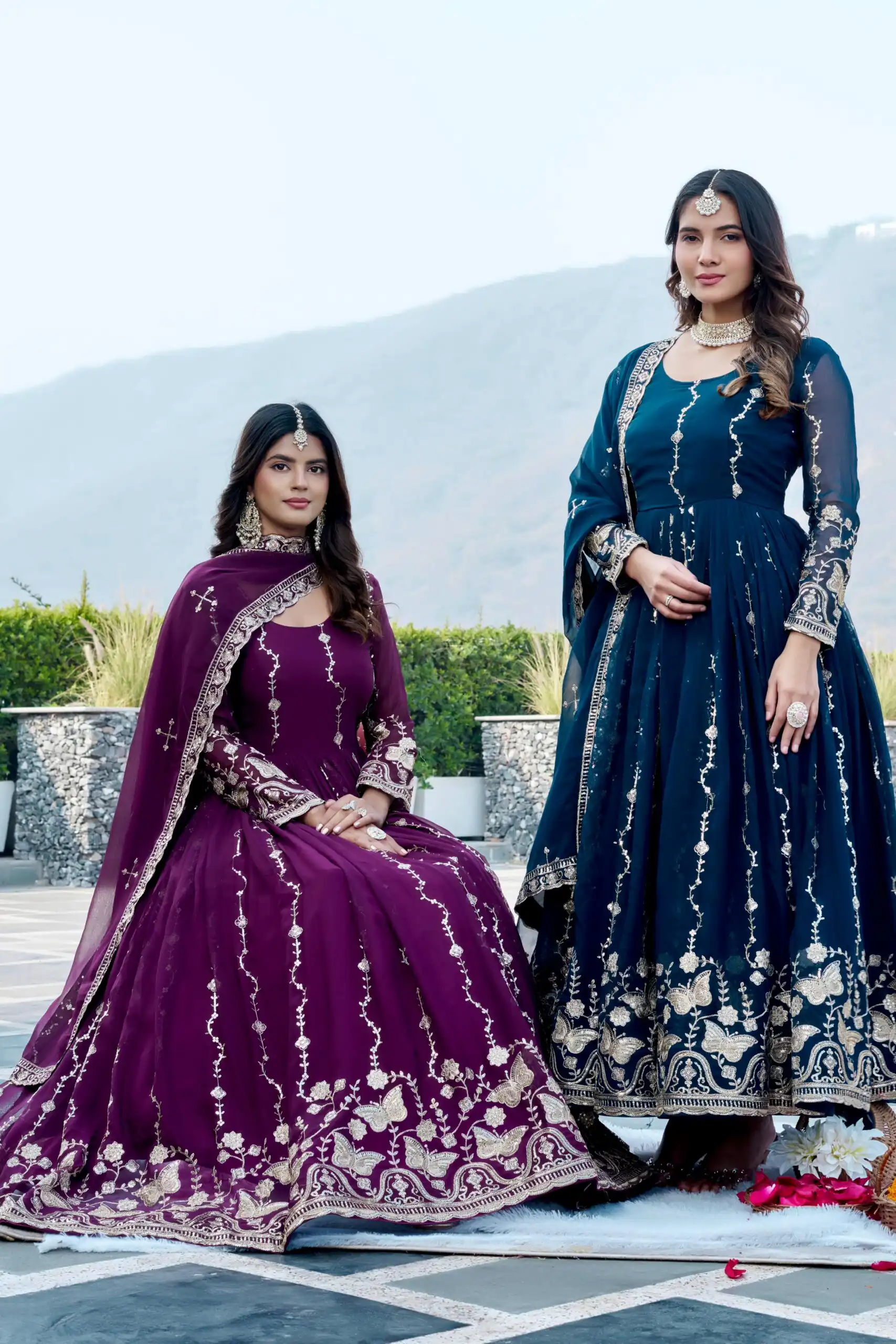 Fancy Teal Faux Georgette Embroider Work Gown - Image 5