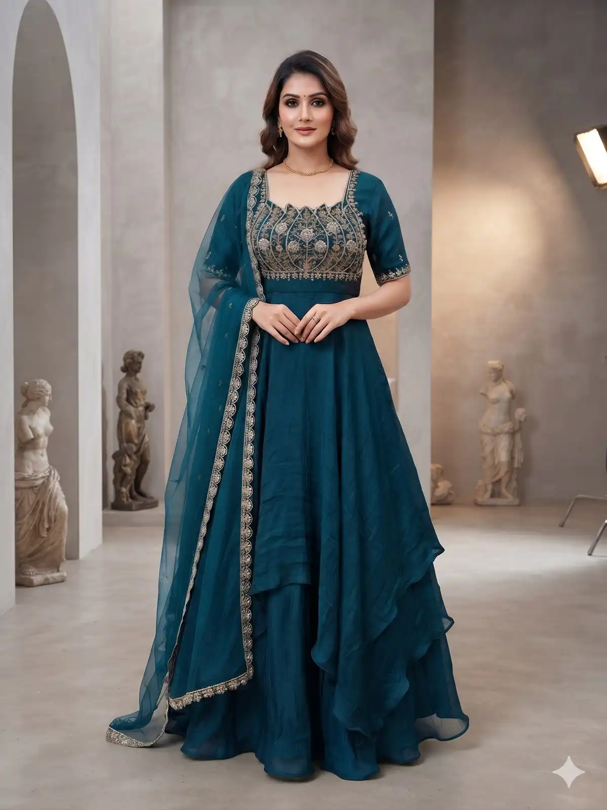 Fancy Teal Fendy Crush Beads Work Gown - Image 3