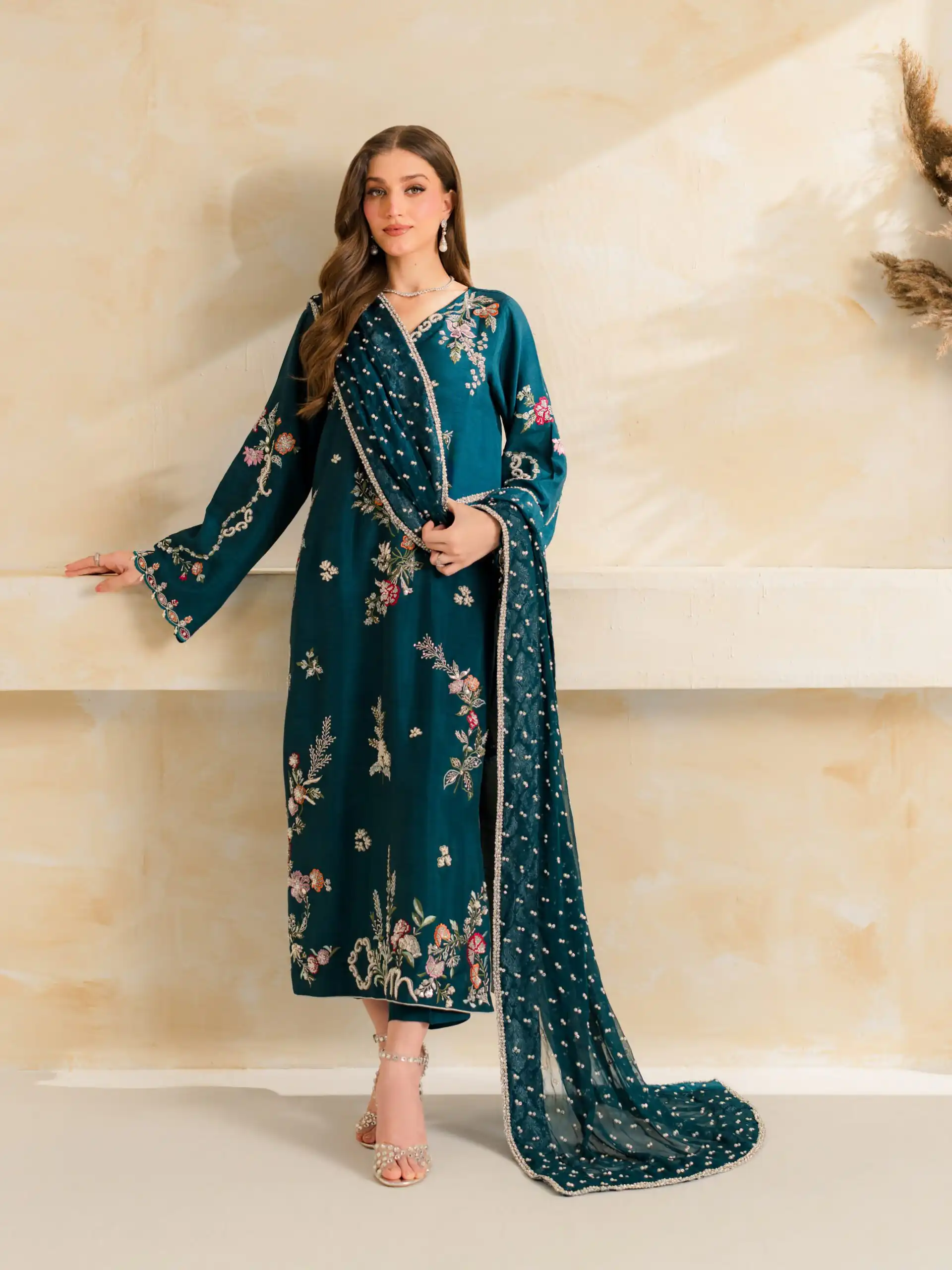 Fancy Teal Mul Chanderi Diamond Work Salwar Suit - Image 3