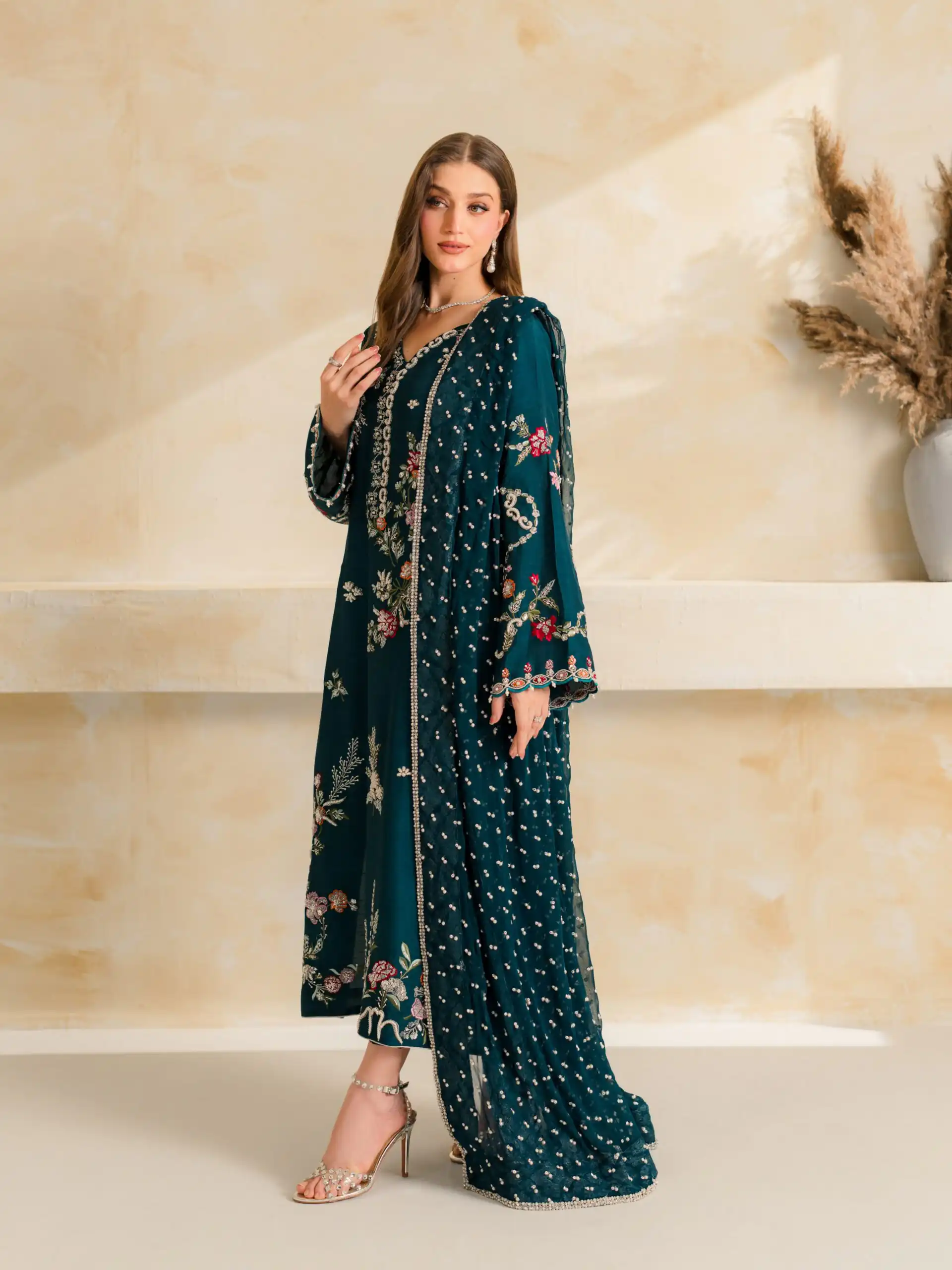 Fancy Teal Mul Chanderi Diamond Work Salwar Suit - Image 2