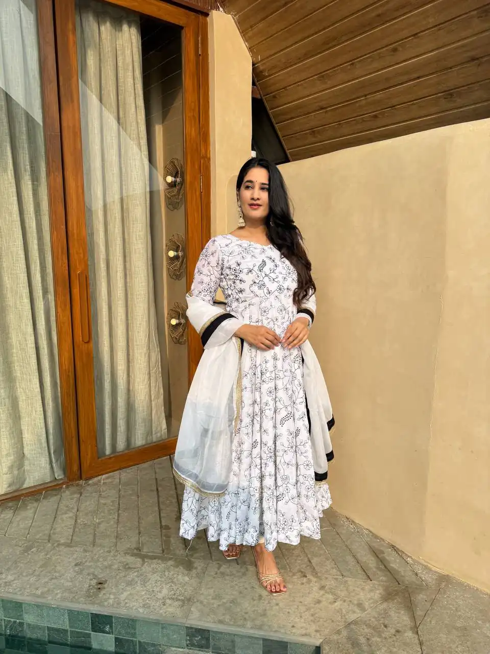 Fancy White NC Vichitra Embroidery Work Anarkali Suit - Image 6
