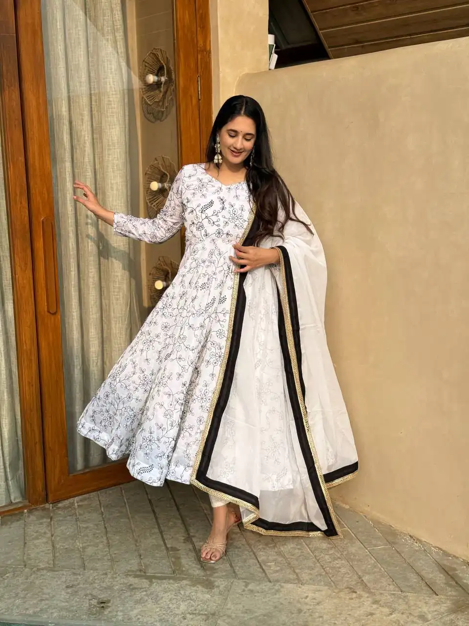 Fancy White NC Vichitra Embroidery Work Anarkali Suit - Image 2