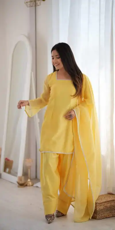 Alternative view of Fancy Yellow Crunchy Silk Siroski Work Salwar Suit