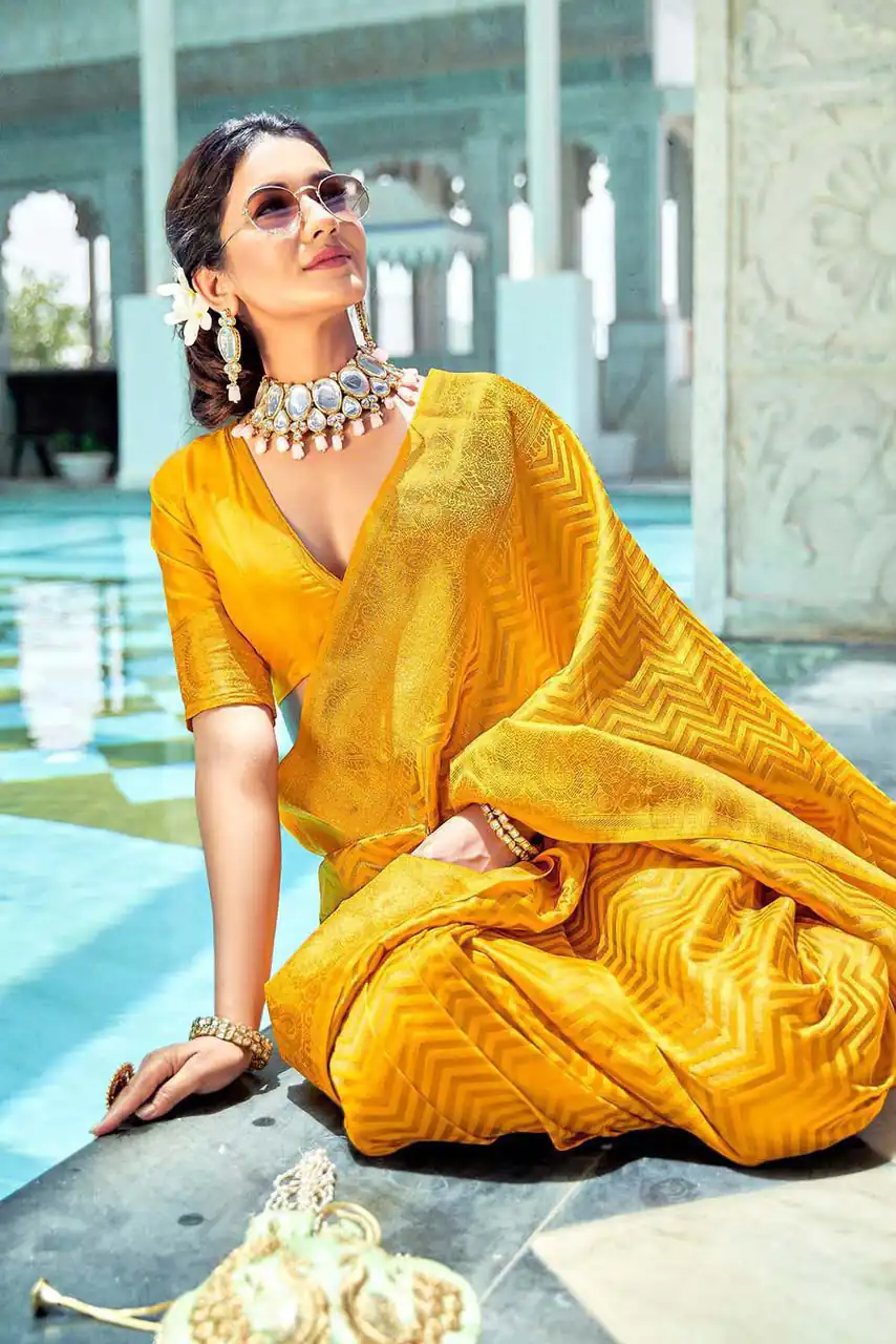 Fancy Yellow Soft Lichi Silk With Jacquard Saree - Image 6