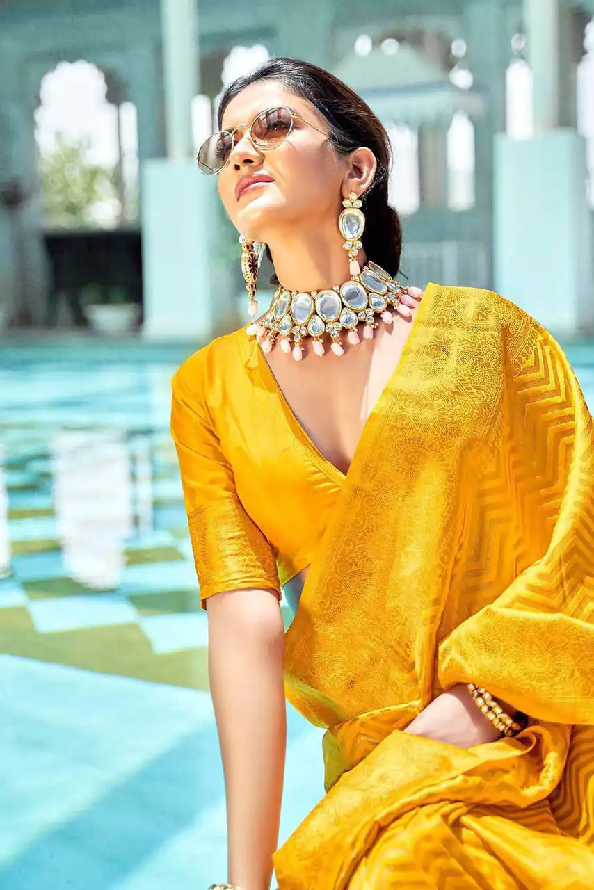 Fancy Yellow Soft Lichi Silk With Jacquard Saree - Image 5