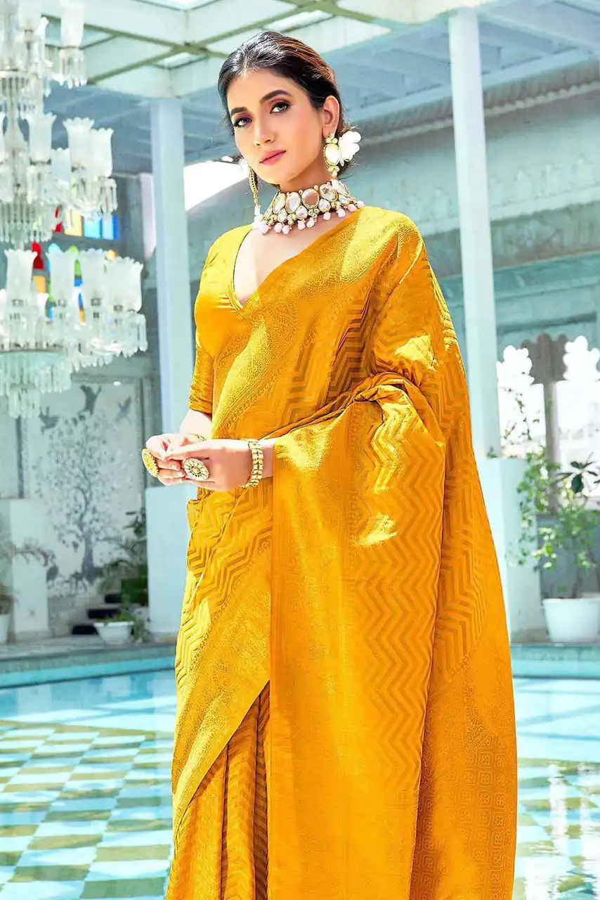 Fancy Yellow Soft Lichi Silk With Jacquard Saree