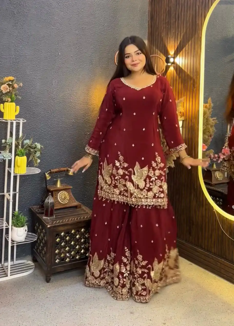Glowing Maroon Chinon Embroidery Work Salwar Suit