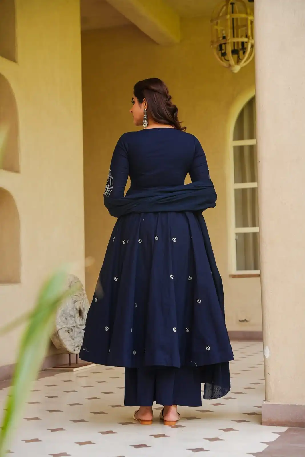 Glowing Navy Blue Roman Silk Embroidery Work Anarkali Suit - Image 6