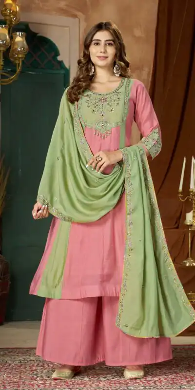 Glowing Peach Mal Chanderi Hand Work Salwar Suit