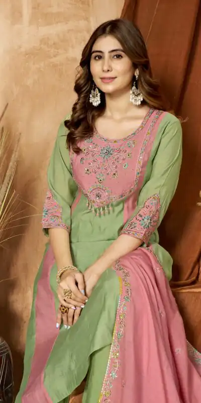 Alternative view of Glowing Pista Mal Chanderi Hand Work Salwar Suit