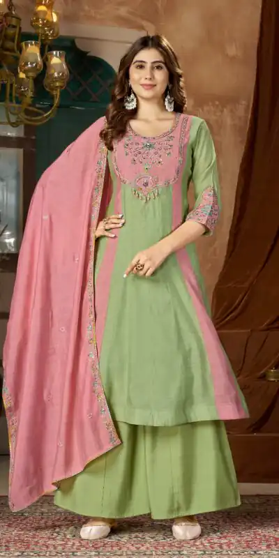 Glowing Pista Mal Chanderi Hand Work Salwar Suit