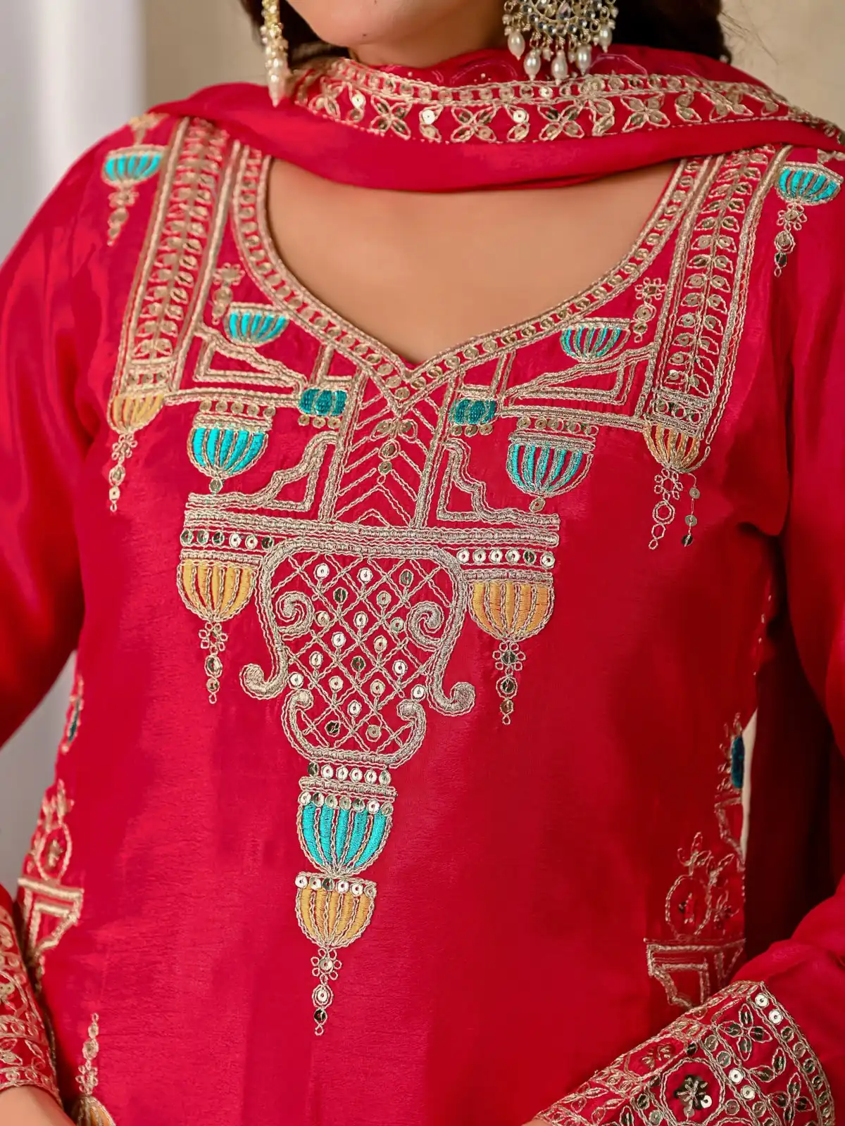 Glowing Red Chinon Silk Sequence Work Salwar Suit - Image 7