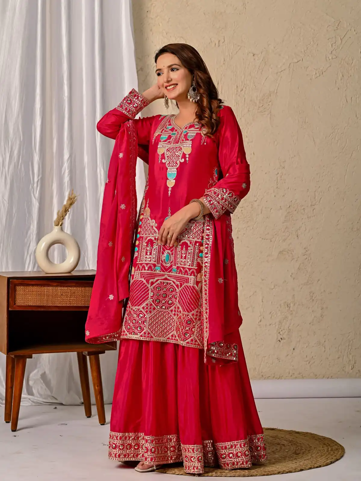 Glowing Red Chinon Silk Sequence Work Salwar Suit - Image 2