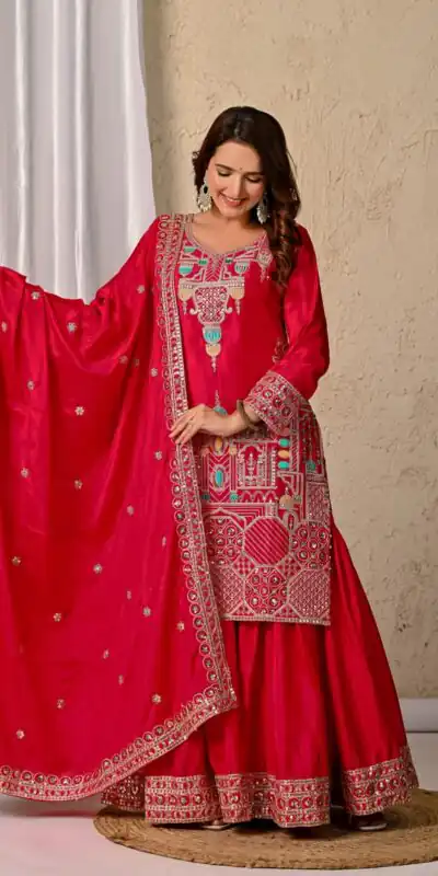 Glowing Red Chinon Silk Sequence Work Salwar Suit