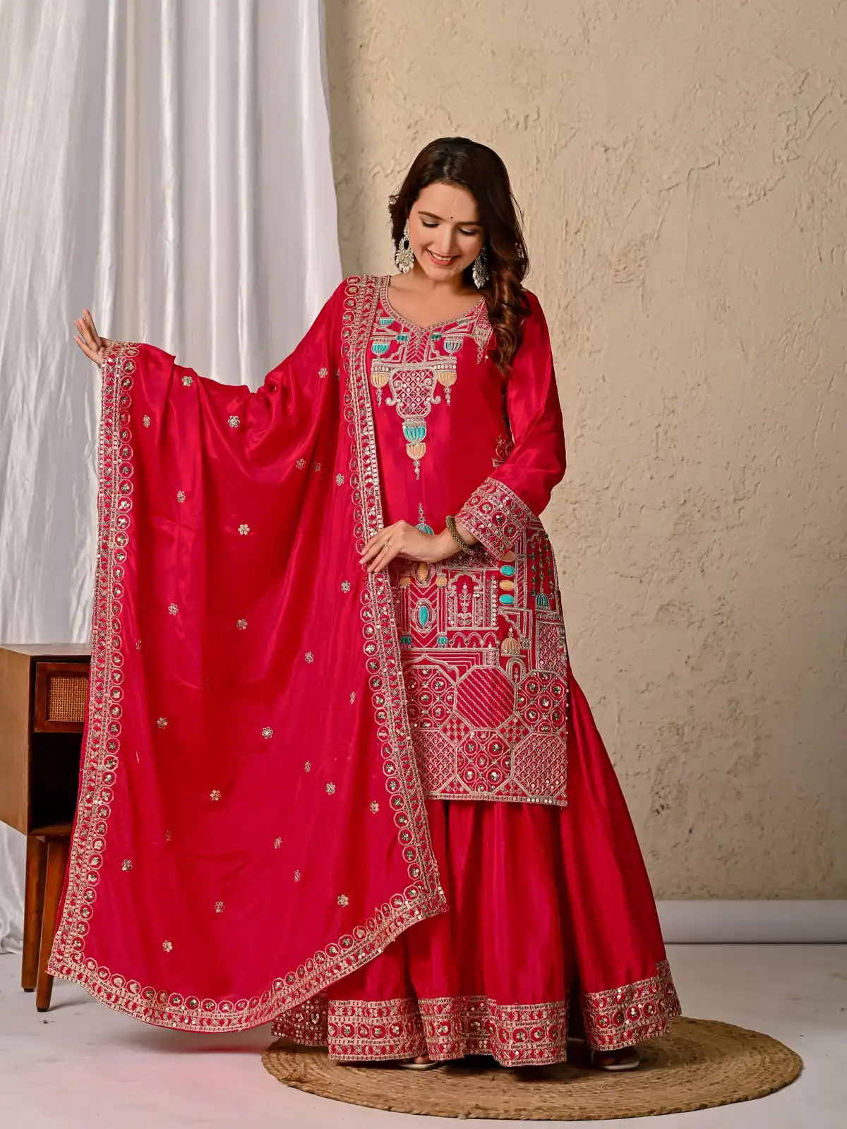 Glowing Red Chinon Silk Sequence Work Salwar Suit