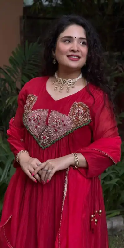Alternative view of Glowing Red Mal Chanderi Sequins Work Salwar Suit