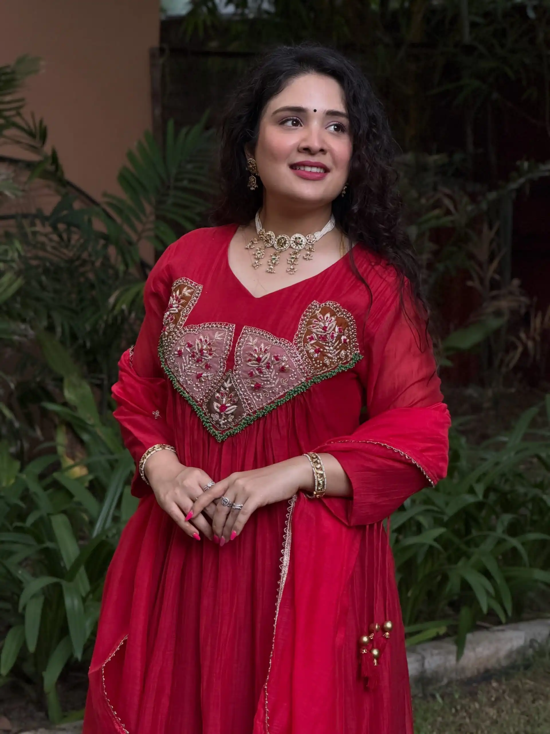Glowing Red Mal Chanderi Sequins Work Salwar Suit - Image 2