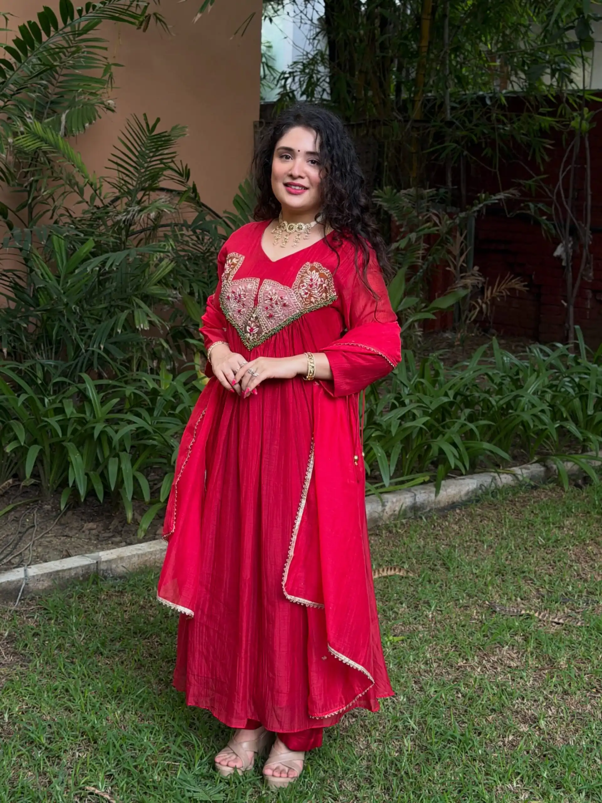 Glowing Red Mal Chanderi Sequins Work Salwar Suit - Image 3