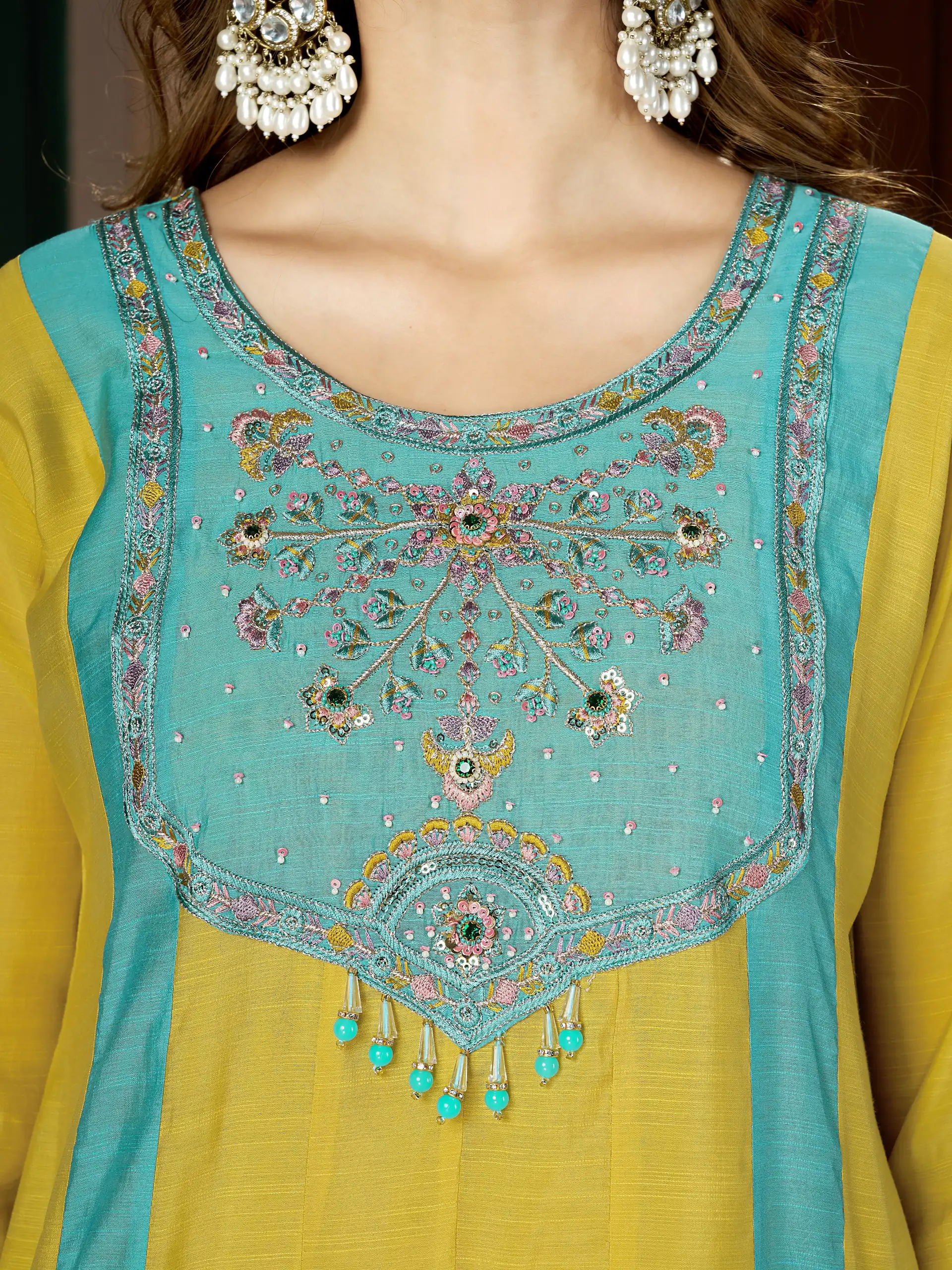 Glowing Yellow Mal Chanderi Hand Work Salwar Suit - Image 3