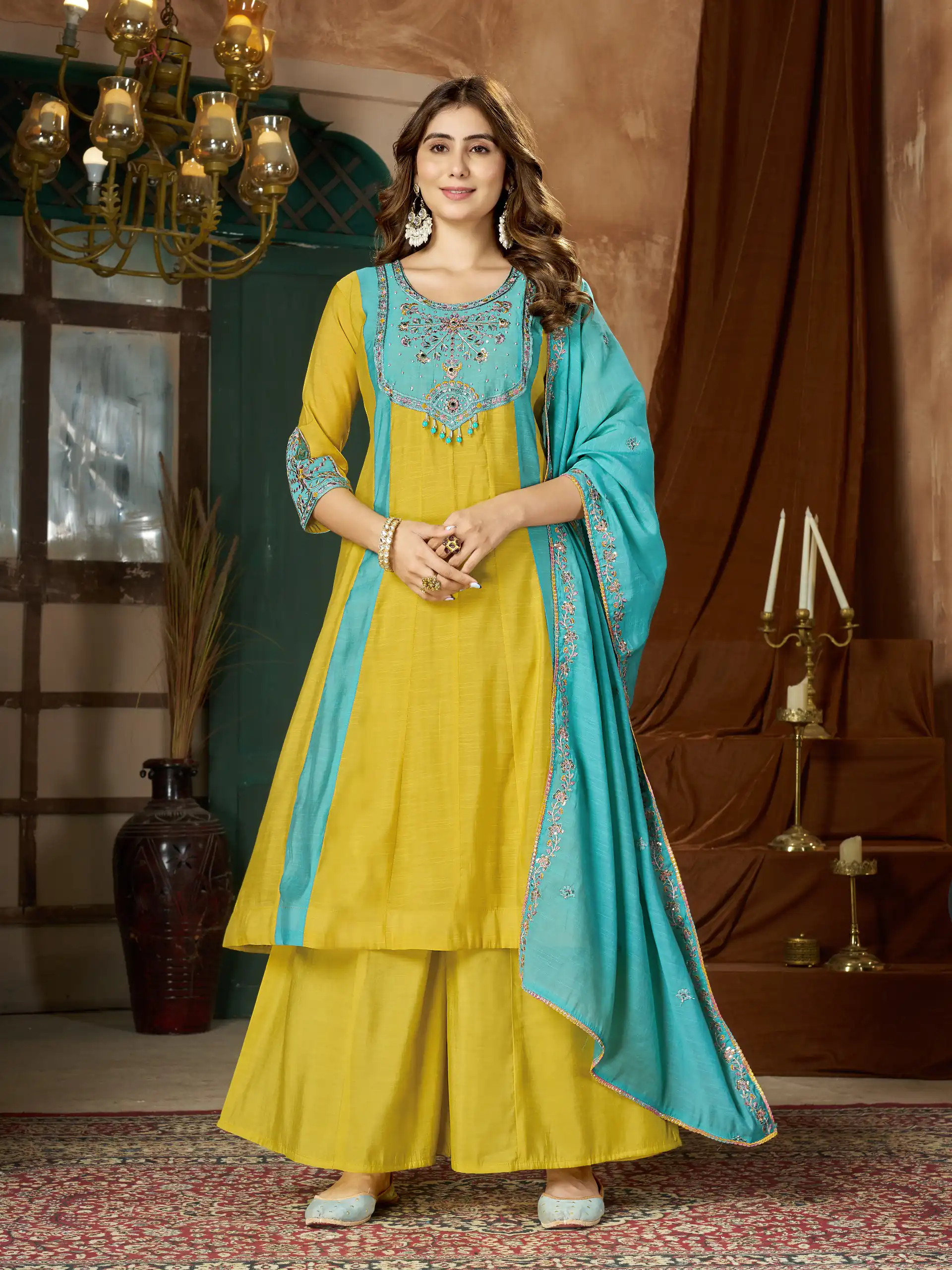 Glowing Yellow Mal Chanderi Hand Work Salwar Suit