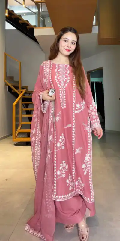 Graceful Peach Mul Chanderi Embroidery Work Salwar Suit