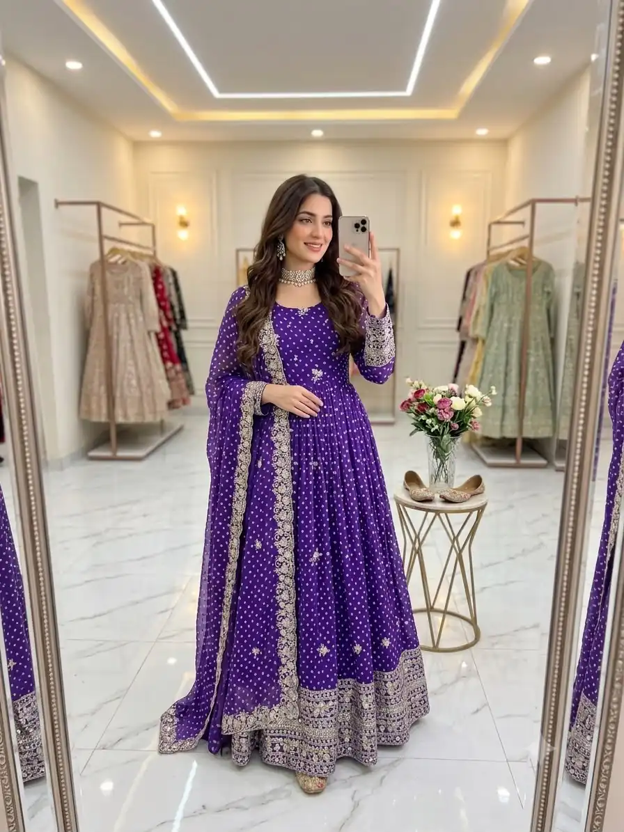 Great Purple Bandhani Print With Embroidery Work Gown - Image 3