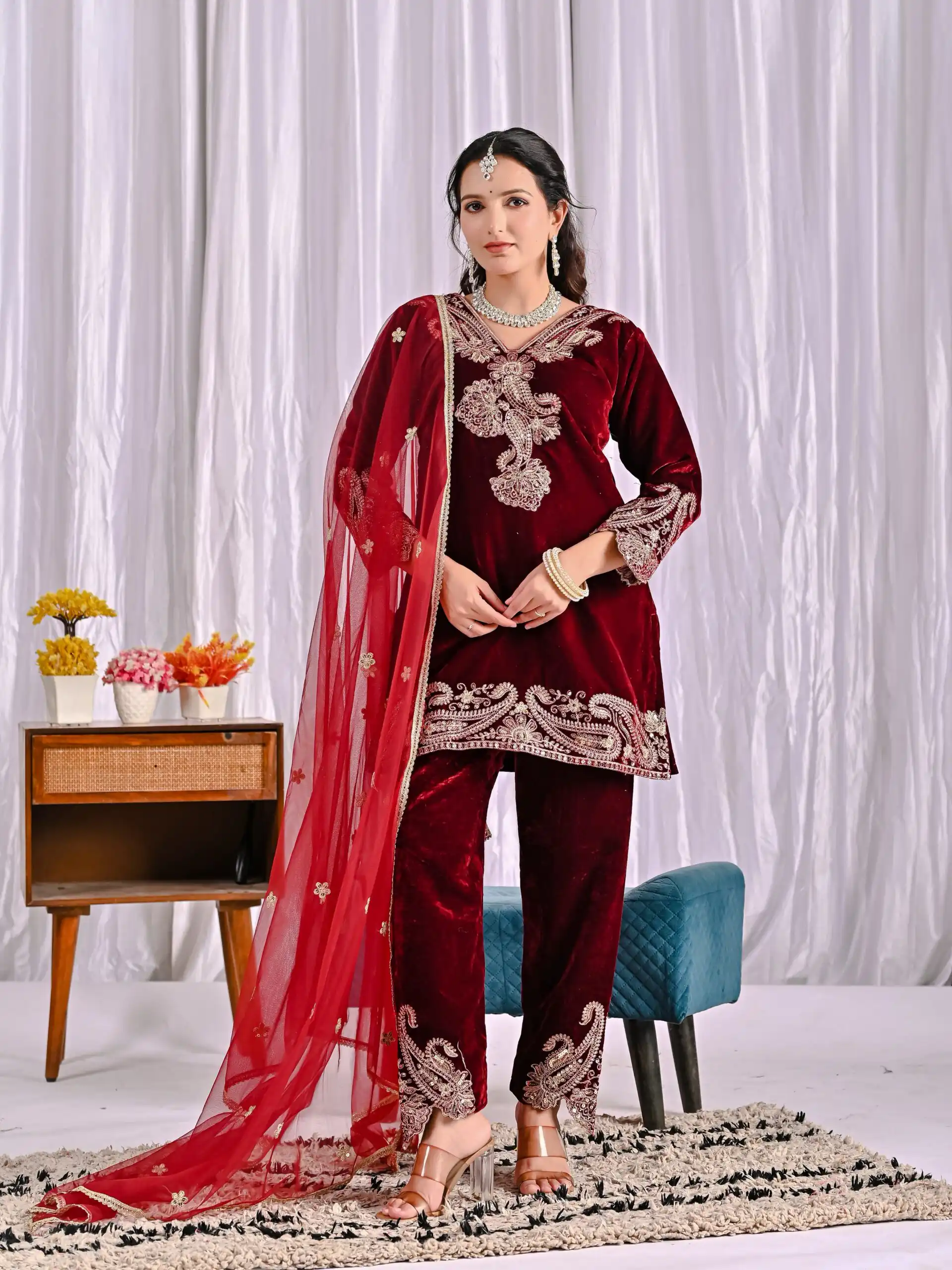 Lovely Maroon Viscose Velvet Embroider Work Salwar Suit - Image 3