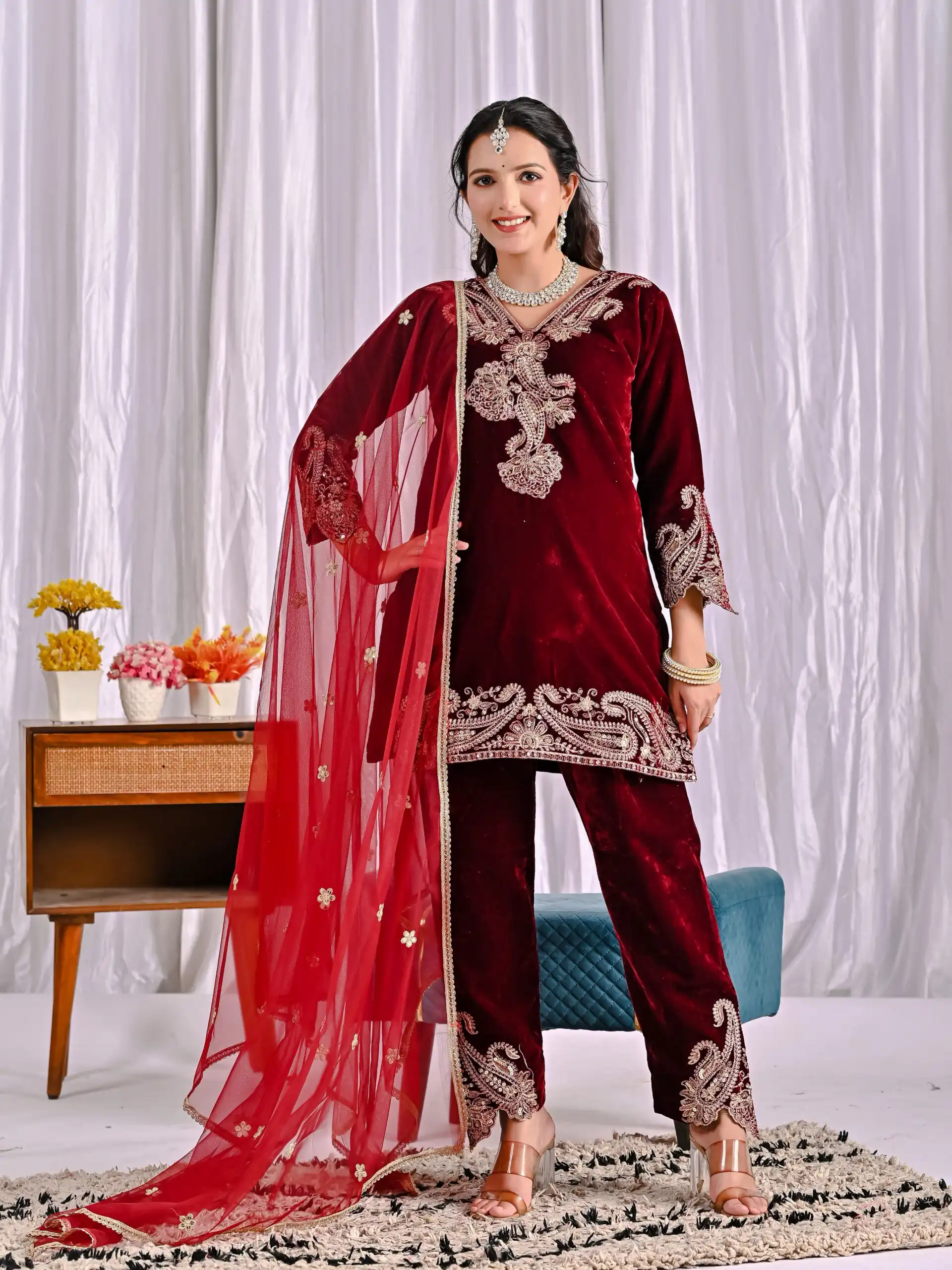 Lovely Maroon Viscose Velvet Embroider Work Salwar Suit - Image 2