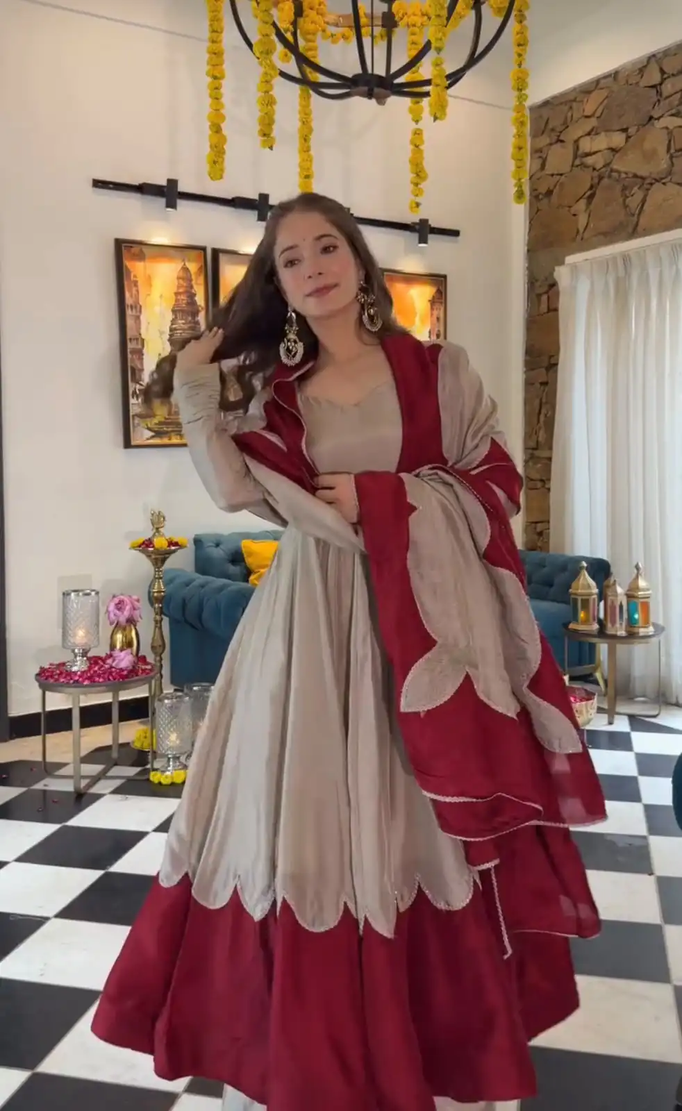 Lovely Off White Roman Silk Embroidery Work Gown - Image 9