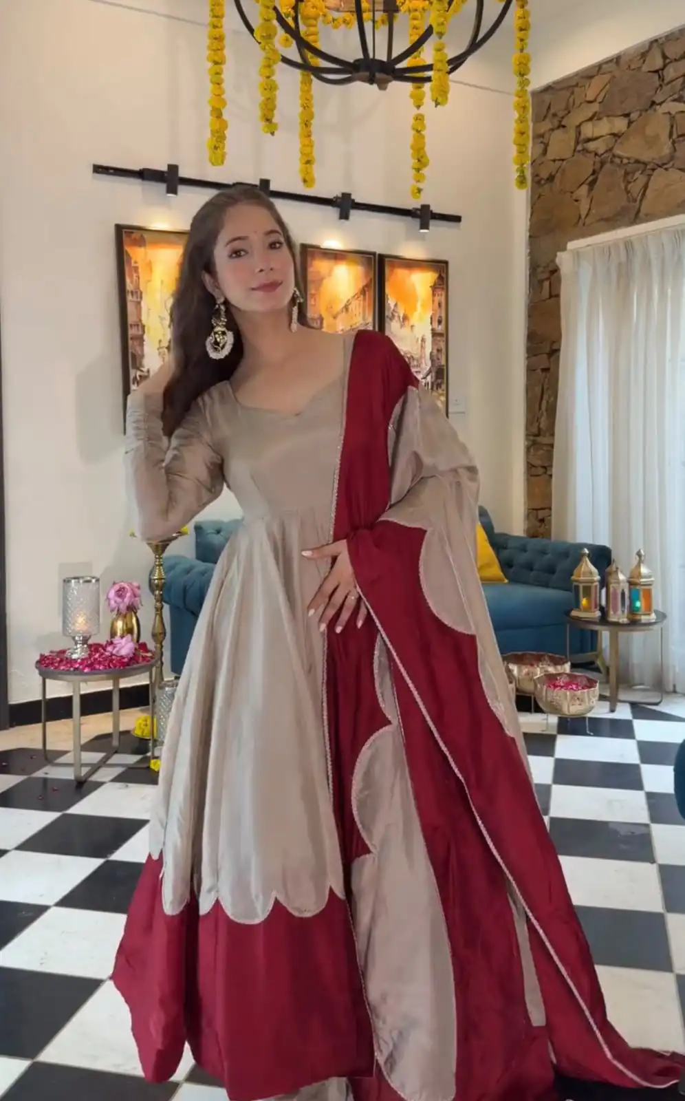 Lovely Off White Roman Silk Embroidery Work Gown - Image 5